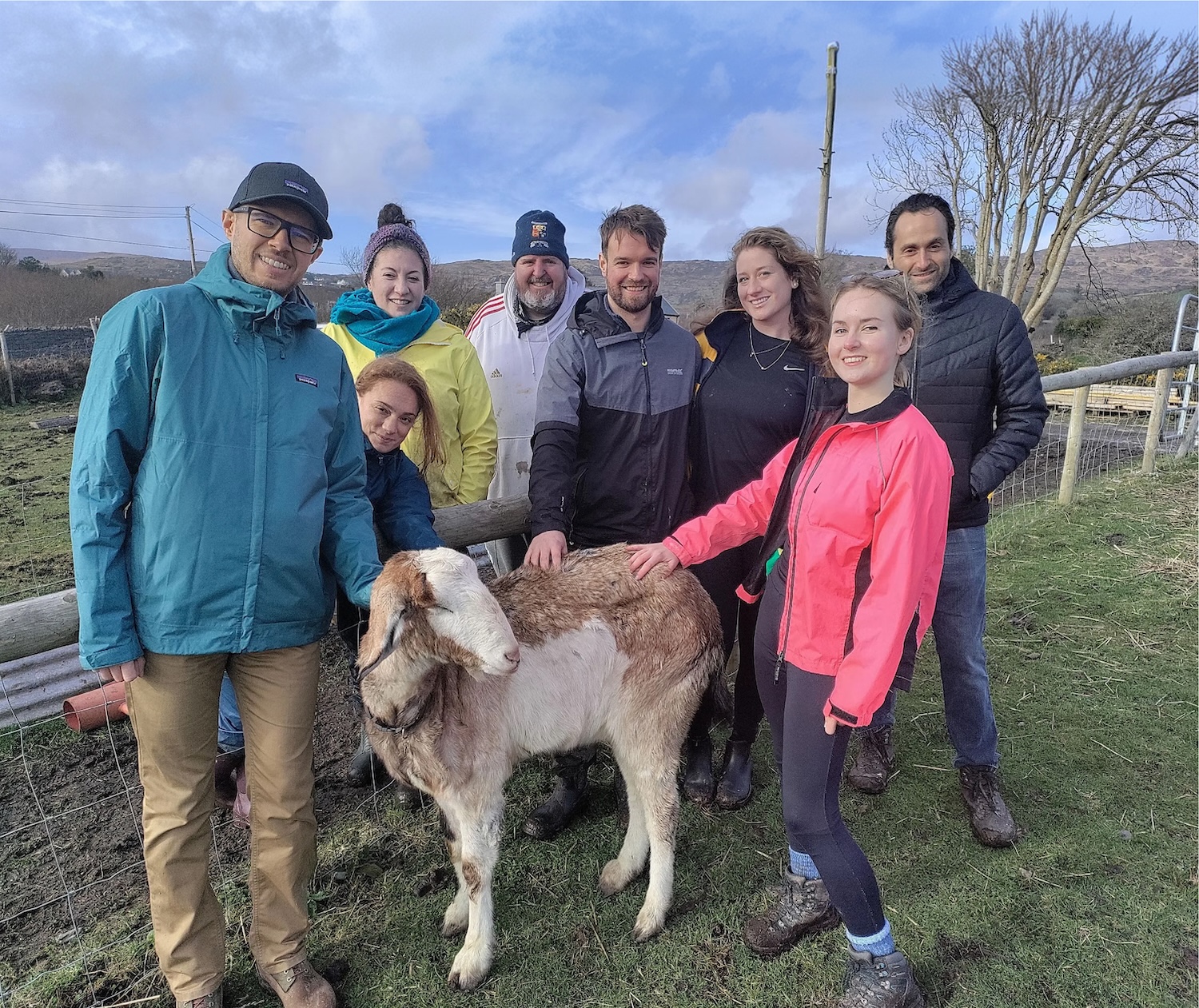 Smiling Cork Vegans members gathered around a sheep in a field